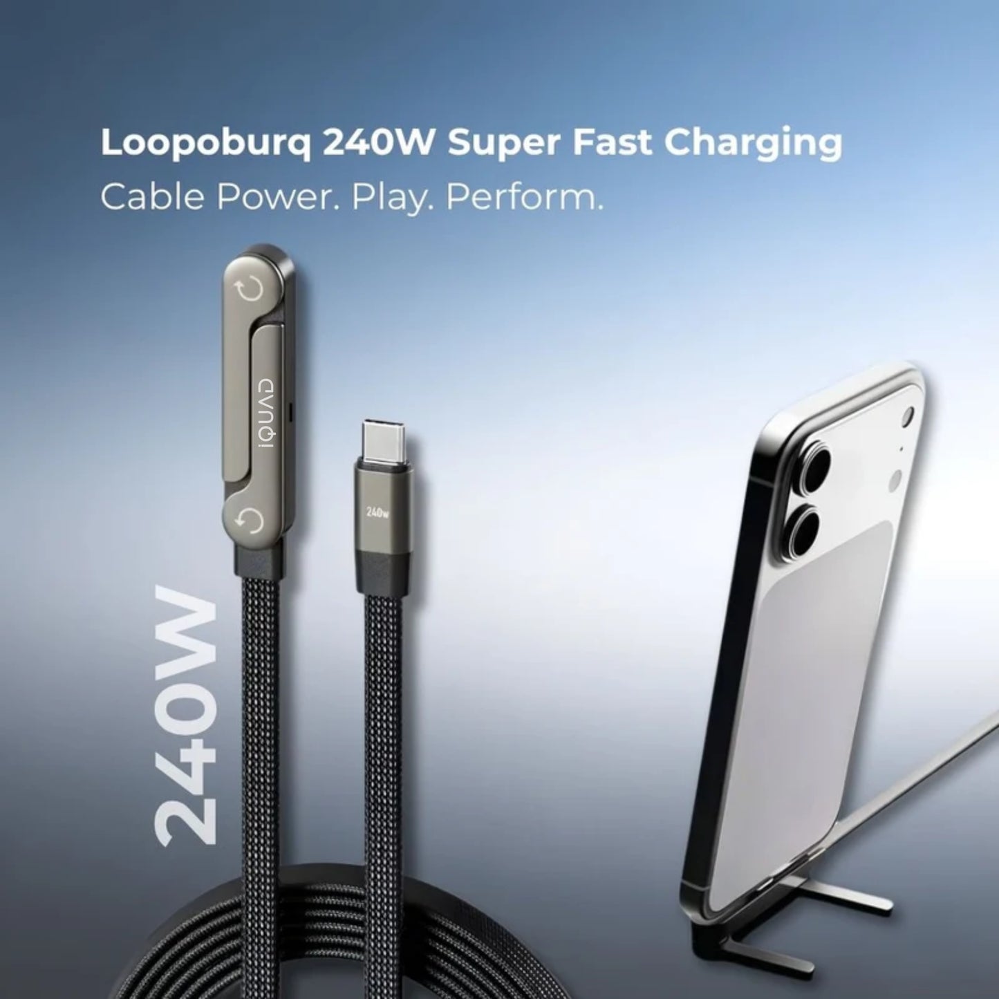 iQUAD Type C 1.2 m 240W USB Type C to Type C Braided Cable with Folding Phone Stand | Super Fast Charging | 480Mbps Data Transfer Speed | 90 Degree Elbow For All Premium Mobiles