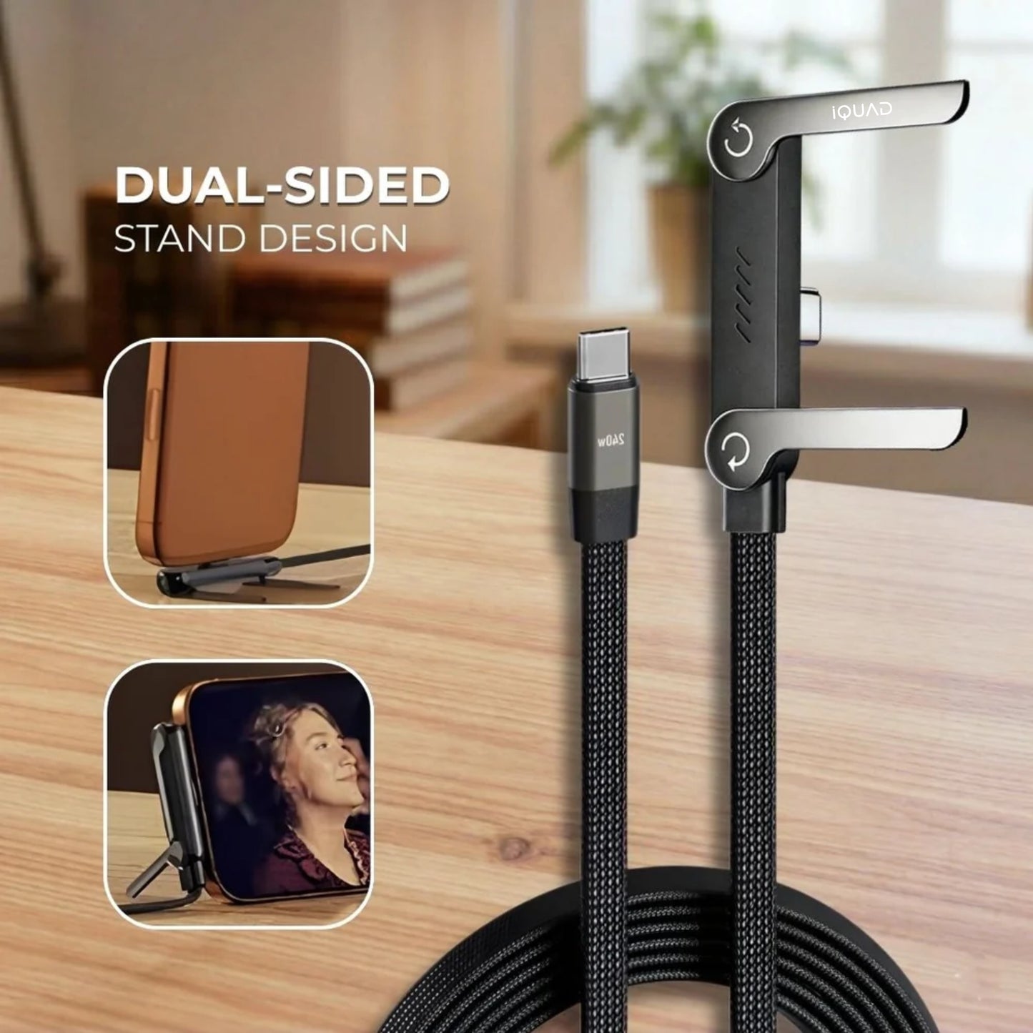 iQUAD Type C 1.2 m 240W USB Type C to Type C Braided Cable with Folding Phone Stand | Super Fast Charging | 480Mbps Data Transfer Speed | 90 Degree Elbow For All Premium Mobiles