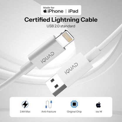 iQUAD USB-A to Lightning Fast Charging Cable for iPhone – High Speed Data Sync – Durable White Charger Cable
