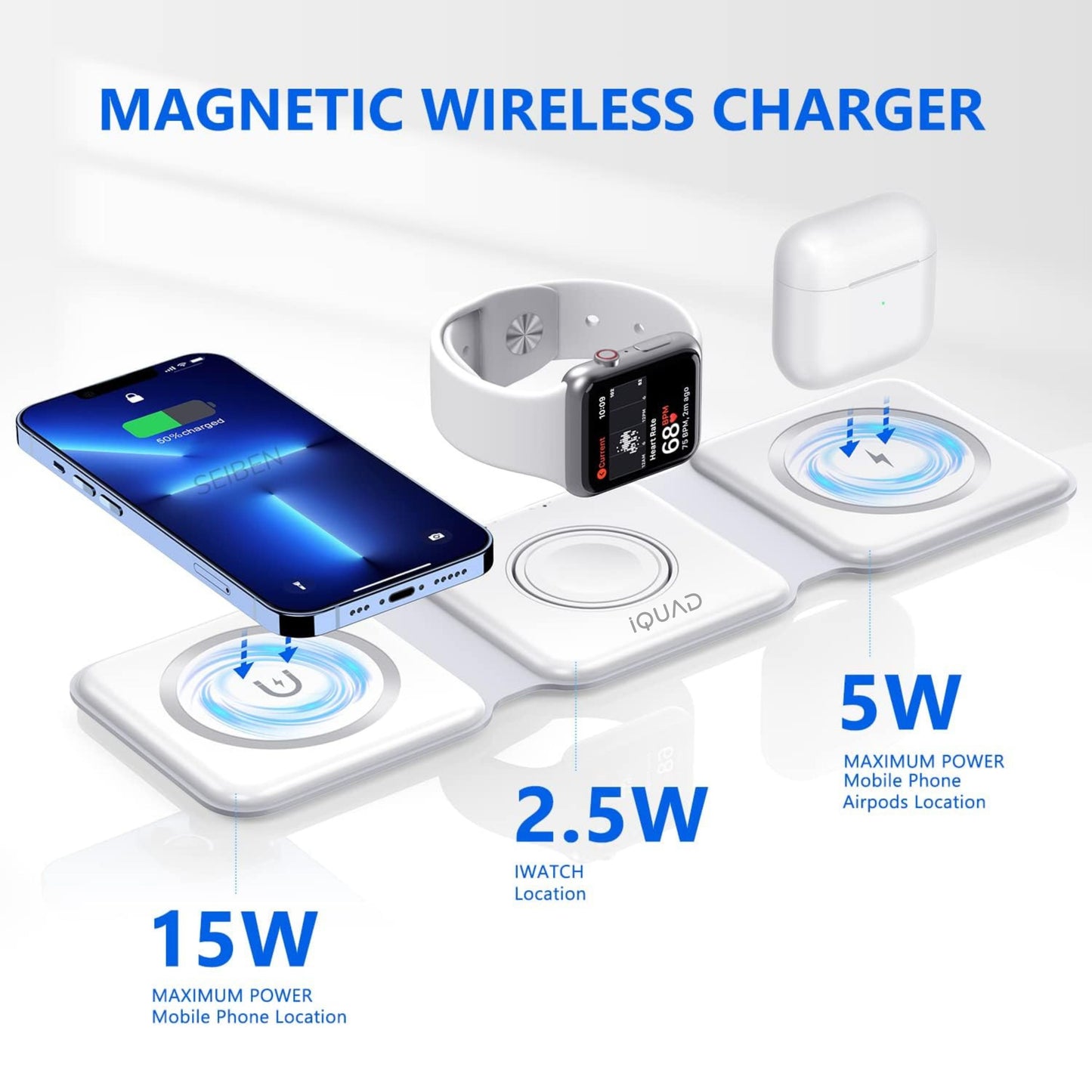 iQUAD 3 in 1 Wireless Charging Station – Fast Charging Stand for Phone, Watch & Earbuds