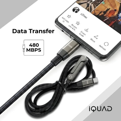 iQUAD Type C 1.2 m 240W USB Type C to Type C Braided Cable with Folding Phone Stand | Super Fast Charging | 480Mbps Data Transfer Speed | 90 Degree Elbow For All Premium Mobiles