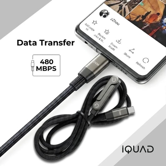 iQUAD Type C 1.2 m 240W USB Type C to Type C Braided Cable with Folding Phone Stand | Super Fast Charging | 480Mbps Data Transfer Speed | 90 Degree Elbow For All Premium Mobiles